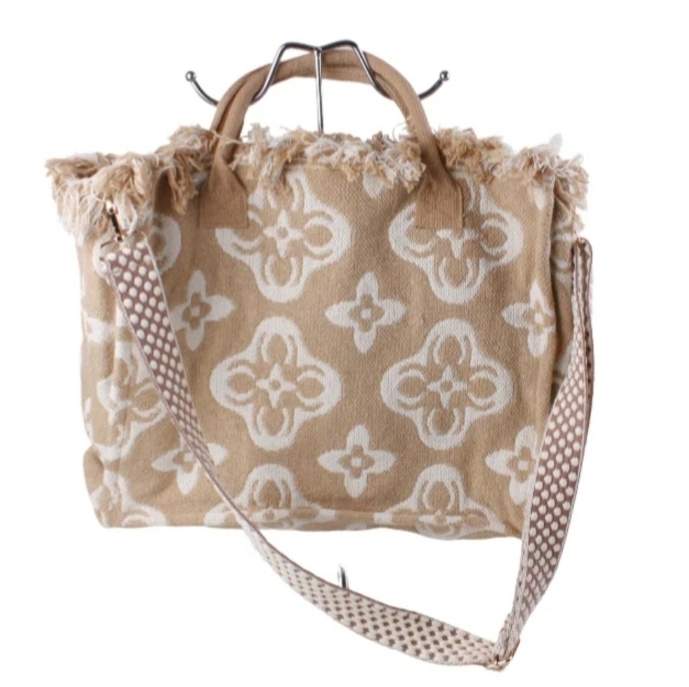 Lucky 7 USA Tulum Vibes Tan and Cream Knit w/ Lining Tote Bag